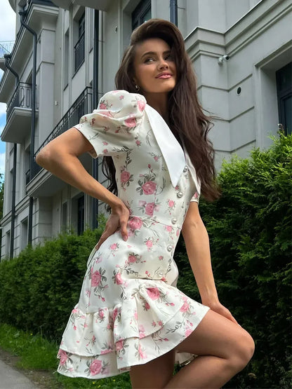 Puff Sleeve V-Neck Mini Dress | Printed Ruffled Pearl Button Dress - Femstylo