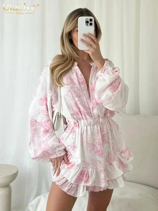 Clacive Fashion Loose Print Women's Dress 2024 Casual O-Neck Long Sleeve Mini Dresses Elegant High Waist Pleated Female Dress