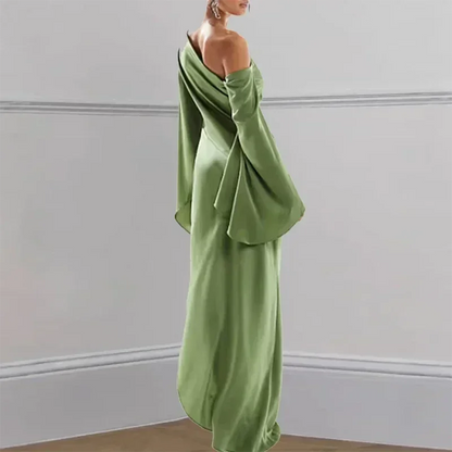 Sexy Oblique Shoulder Solid Irregular Dress Women Elegant Skew Collar Backless Long Dress Autumn Flare Sleeve Slit Party Dresses