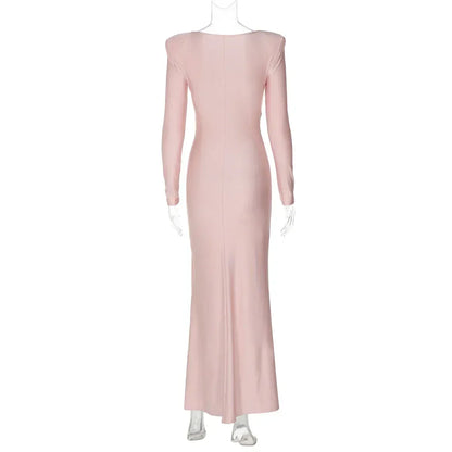 Dulzura Long Sleeves Shoulder Pad Ruched Maxi Dress Solid Elegant Prom Evening Party Long Dress Women’S Autumn Winter Outfit