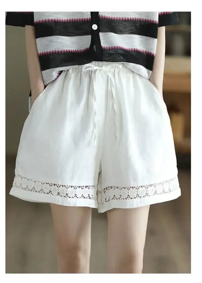 Cotton Linen Vintage High-Waist Elastic New Style Tie-Belt Embroidered Hollow Casual Straight Shorts