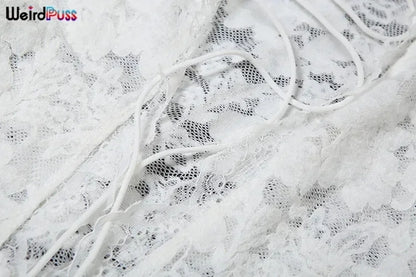 Weird Puss Embroidery Ruffles Dress Women Sexy Deep V-Neck Slits See Through Solid Tassel Petal Cuffs Street Elegance Vestidos