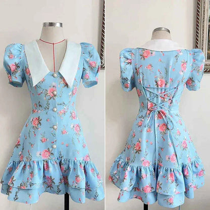 Puff Sleeve V-Neck Mini Dress | Printed Ruffled Pearl Button Dress - Femstylo