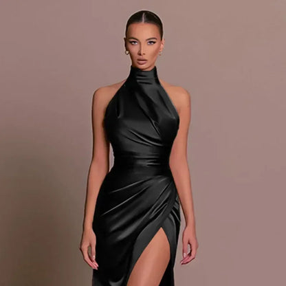 Ladies Summer Satin Evening Birthday Party Dresses Women Sleeveless Backless Halter Side Slit Elegant Long Dress Mowan Clothes