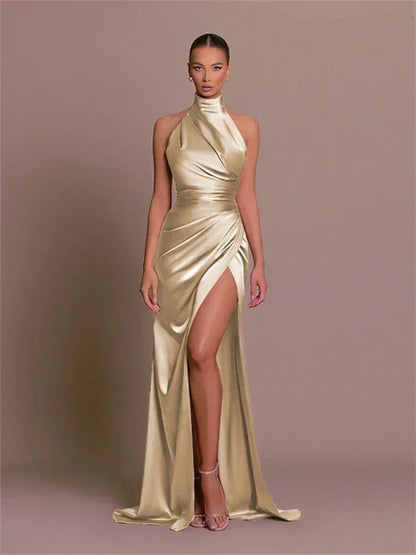 Ladies Summer Satin Evening Birthday Party Dresses Women Sleeveless Backless Halter Side Slit Elegant Long Dress Mowan Clothes