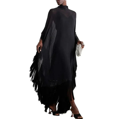 Yeezzi 2025 New Spring Fashion See-Through Tassel Party Dresses Women Batwing Sleeves Solid Color High-Neck Two Piece Set Dress