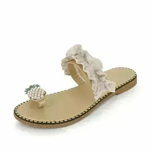 Pineapple Pearl Womens Slippers Flat Toe Casual Beach Slides