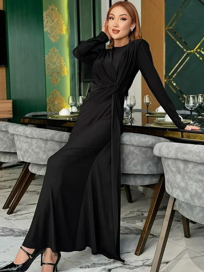 Dulzura Long Sleeves Shoulder Pad Ruched Maxi Dress Solid Elegant Prom Evening Party Long Dress Women’S Autumn Winter Outfit