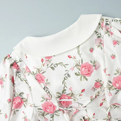 Puff Sleeve V-Neck Mini Dress | Printed Ruffled Pearl Button Dress - Femstylo