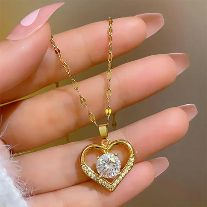 Trendy Heart Stainless Steel Zirconia Necklaces For Women Girls Love Gold Color Metal Necklace Party Birthday Daily Jewelry