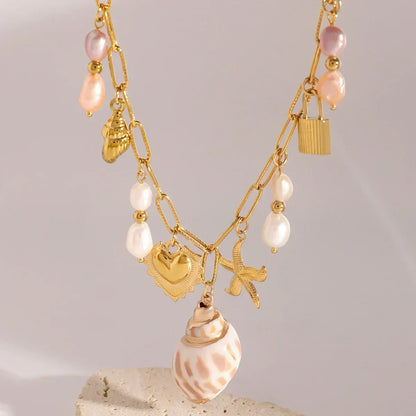 Zora Colorful Summer Holiday Style Conch Pendant Necklace Women's 18K Gold-plated Stainless Steel Multi Charm Fashion Jewelry