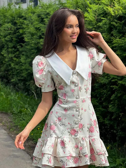 Puff Sleeve V-Neck Mini Dress | Printed Ruffled Pearl Button Dress - Femstylo
