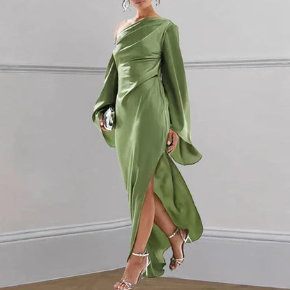 Sexy Oblique Shoulder Solid Irregular Dress Women Elegant Skew Collar Backless Long Dress Autumn Flare Sleeve Slit Party Dresses