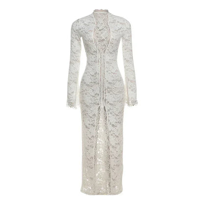 Weird Puss Embroidery Ruffles Dress Women Sexy Deep V-Neck Slits See Through Solid Tassel Petal Cuffs Street Elegance Vestidos