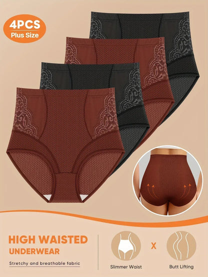 4pcs Plus Size Women'S High-Waist Briefs - Breathable Mesh & Lace Trim, Enhanced Comfort, Breathable Summer Panties in Black,