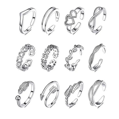 12pcs Adjustable Toe Rings For Women Girls Simple Beach Open Toe Set Cute Heart Feather Summer Toe Foot Jewelry