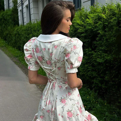 Puff Sleeve V-Neck Mini Dress | Printed Ruffled Pearl Button Dress - Femstylo