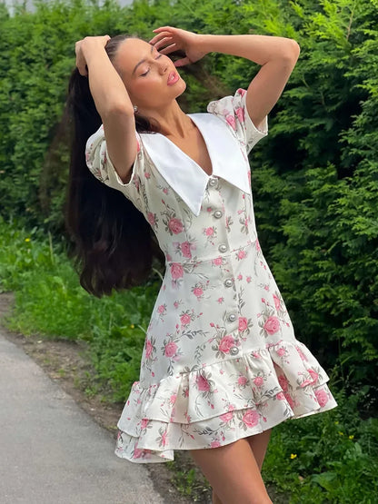 Puff Sleeve V-Neck Mini Dress | Printed Ruffled Pearl Button Dress - Femstylo