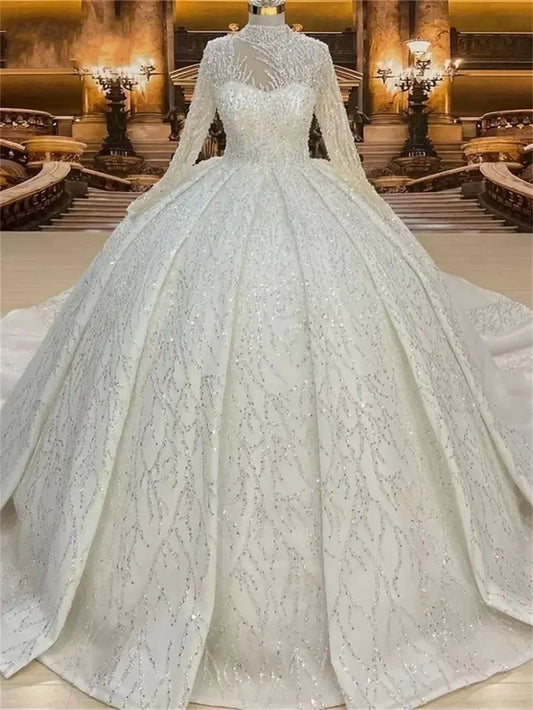 Custom High Neck Ball Gown Wedding Dress | Beaded Arabic Gown - Femstylo