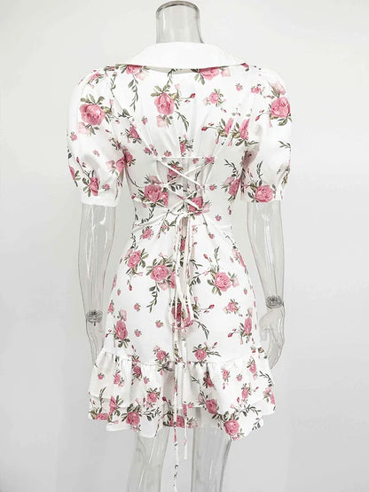 Puff Sleeve V-Neck Mini Dress | Printed Ruffled Pearl Button Dress - Femstylo