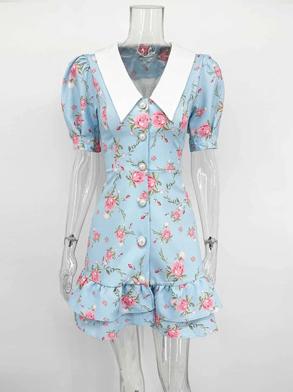 Puff Sleeve V-Neck Mini Dress | Printed Ruffled Pearl Button Dress - Femstylo