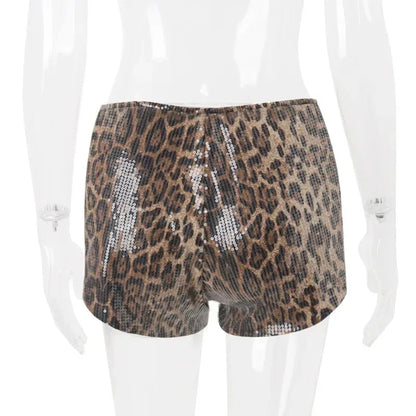 WhereMery Retro Leopard Print Seguins Shiny Chic Short Pants Y2K Spring Women's Fashion Night Club Streetwear Women Mini Bottoms