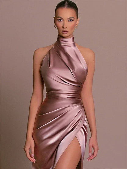 Ladies Summer Satin Evening Birthday Party Dresses Women Sleeveless Backless Halter Side Slit Elegant Long Dress Mowan Clothes