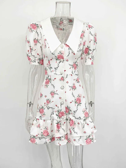Puff Sleeve V-Neck Mini Dress | Printed Ruffled Pearl Button Dress - Femstylo