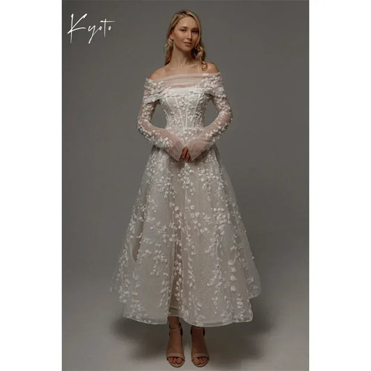 Kyoto Customized Lace Flowers Detachable Long Sleeves Wedding Dress Ankle-Length Glitter vestidos de novia A-Line Formal Gown