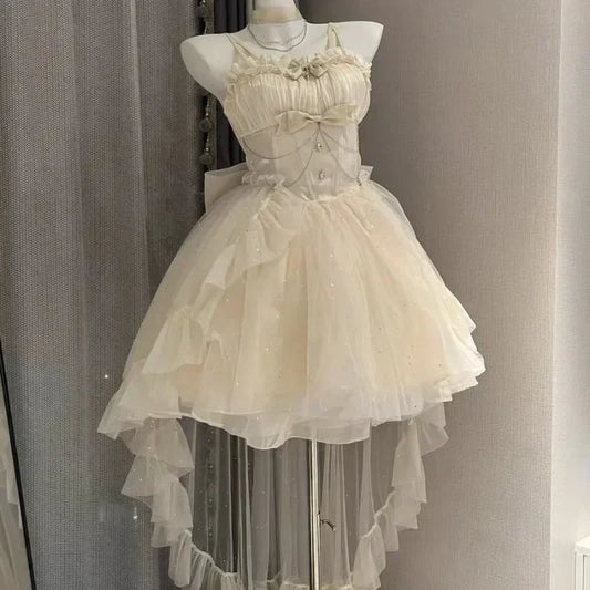2025 Women Kawaii Ruffles Bow Suspender Princess Dresses Gothic Lolita Jsk Mini Dress Girl Sweet Fairy Party Trailing Dress