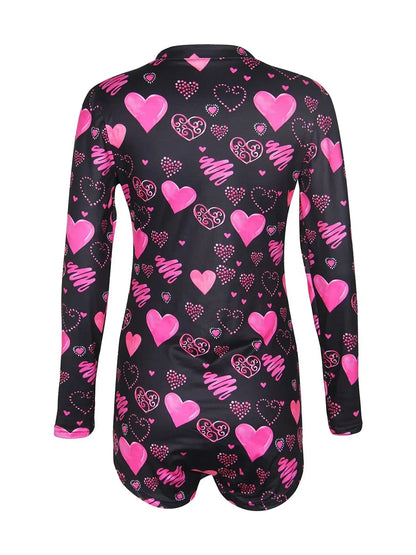Women’s Long Sleeve Valentine Day Jumpsuit Bodycon V Neck Heart Lip Print Button Down Short Romper Indoor Sleepwear