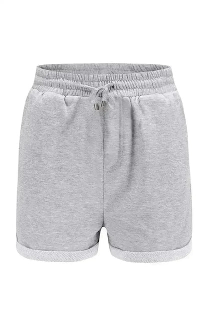 Summer Women Gray Tie Waist Side Pockets Cuffed Lounge Shorts