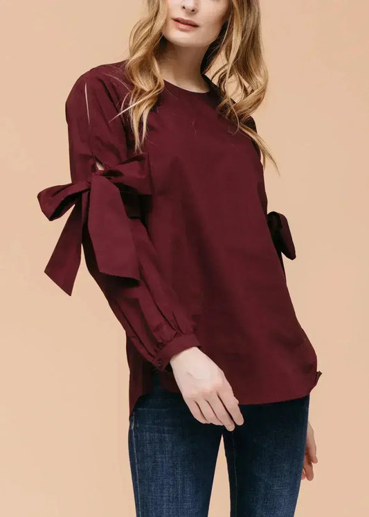 Women's Tie Sleeve Poplin Crewneck Blouse | Femstylo