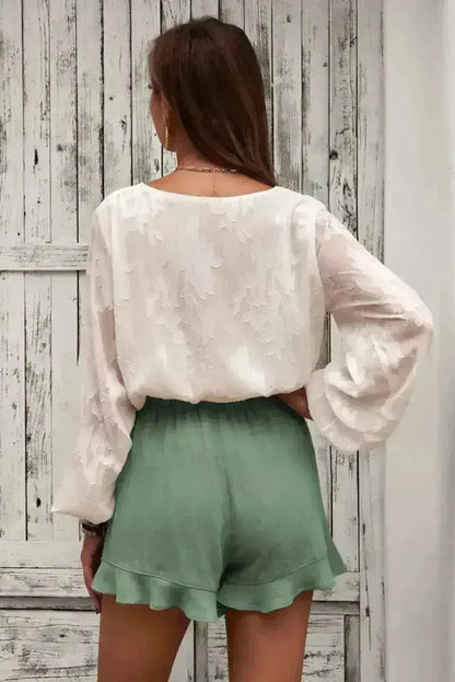 Women's Summer Pocketed Flutter Green Linen Cotton Shorts