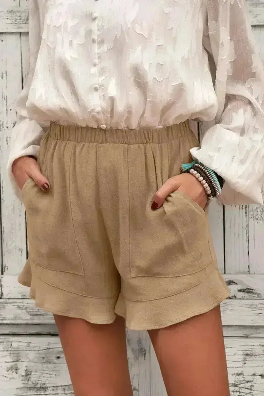 Khaki Flutter Shorts for Women - Summer Pocketed Linen Style