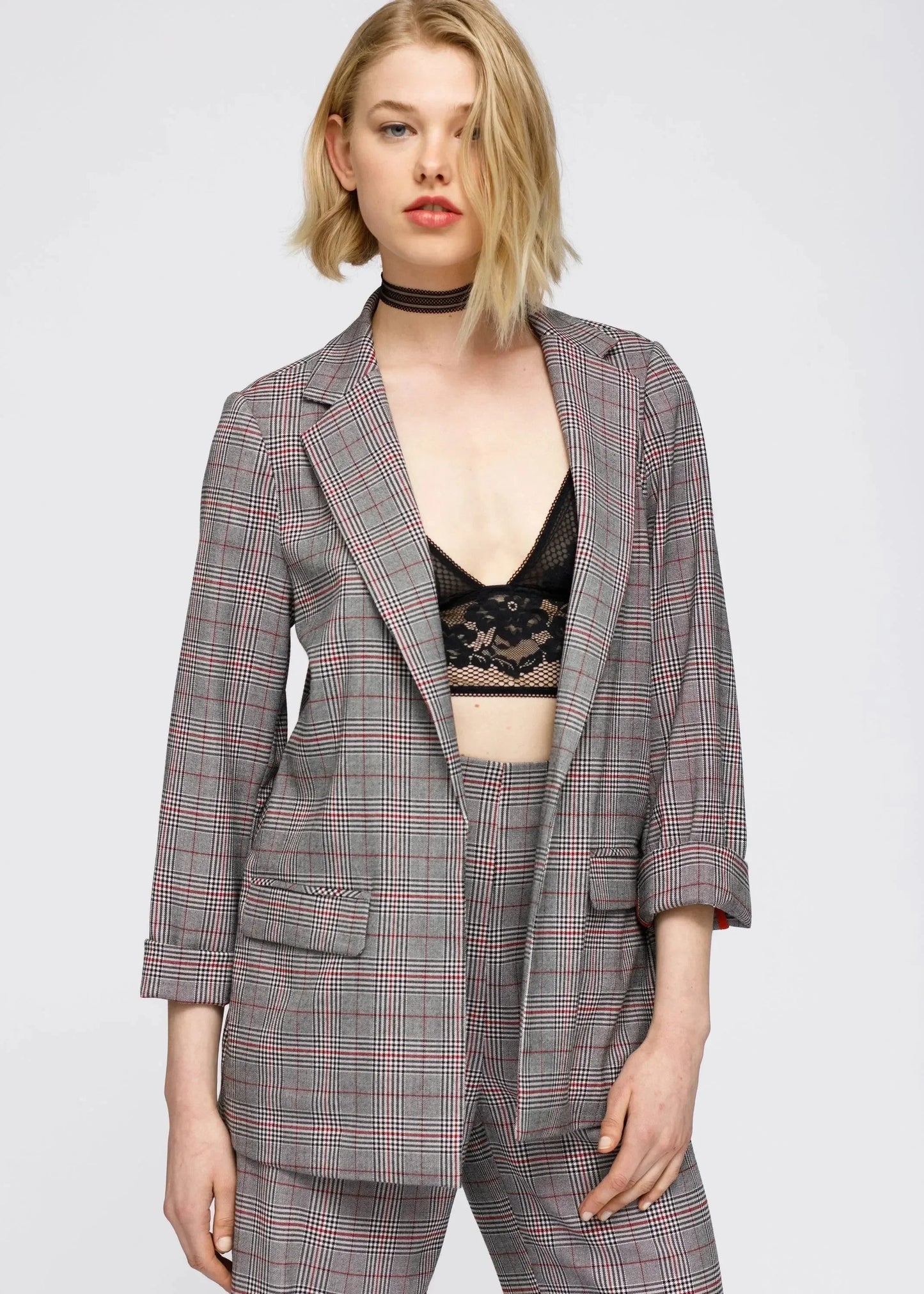 Grey Multi Glen Plaid Blazer | Women's Comfort Fit Suiting - Femstylo