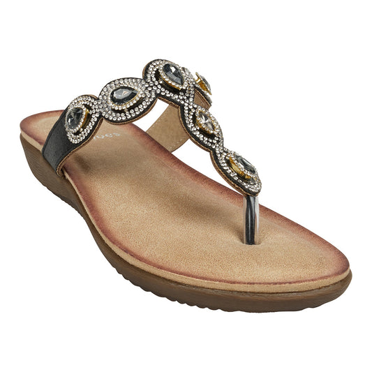 Women's Zara Black Jeweled T-Strap Thong Flat Sandals