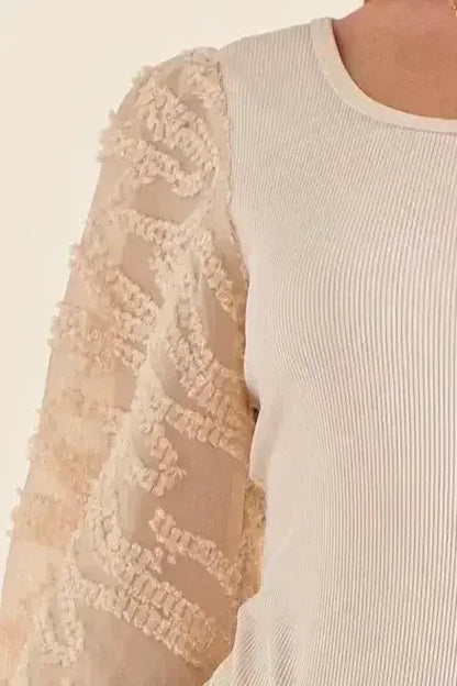 Textured Puff Sleeve Bodysuit | Lace Detail Blouse Bodysuit - Femstylo