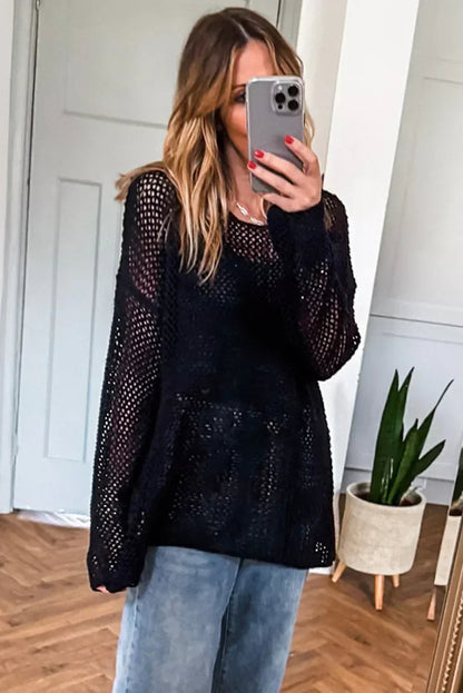 Smoke Gray Crochet Hollow-out Knit Sweater