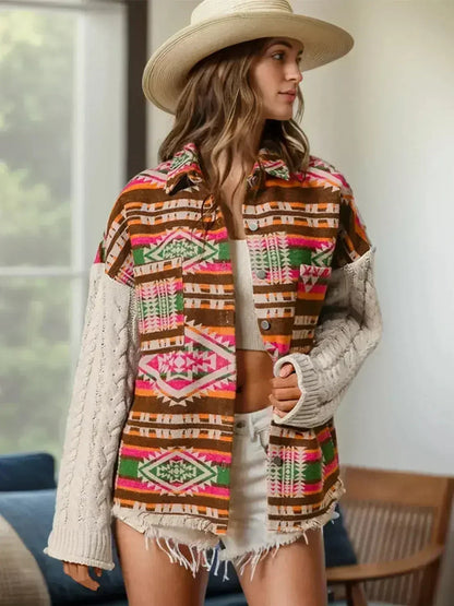 Geometric Collared Neck Long Sleeve Jacket