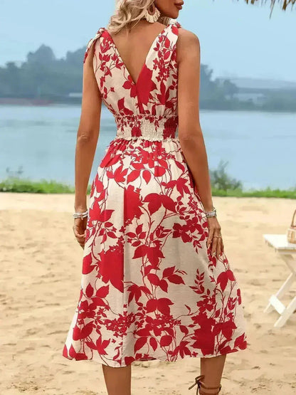 Smocked Surplice Midi Dress - Viscose Flowy Dress | Femstylo