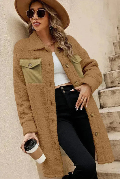 Blue Teddy Coat – Contrast Flap Pockets & Single Breasted
