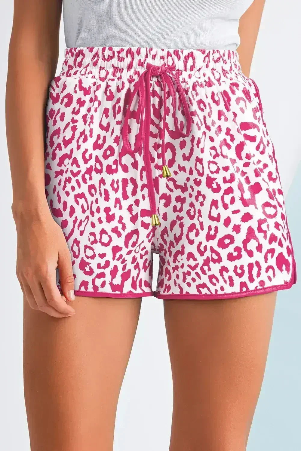 Blue Leopard Elastic Waist Lace up Contrast Trim Casual Shorts