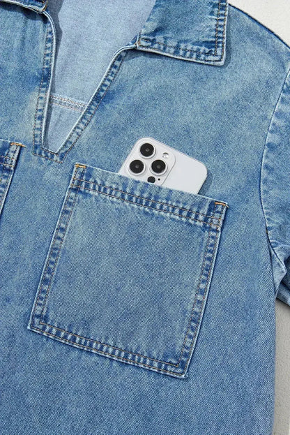 Beau Blue Short Sleeve Collared Chest Pocket Denim Mini Dress