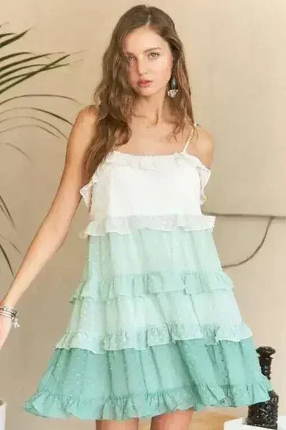 ADORA Swiss Dot Ruffled Tiered Mini Dress