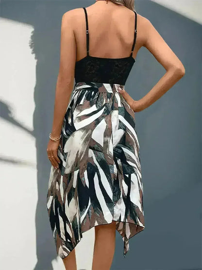 Lace Patchwork Printed V-Neck Dress