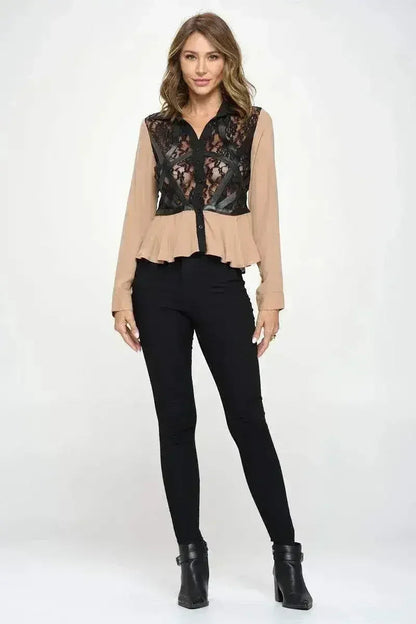 Chic Vegan Leather Peplum Blouse - Color Block Sheer Lace Top | Femstylo
