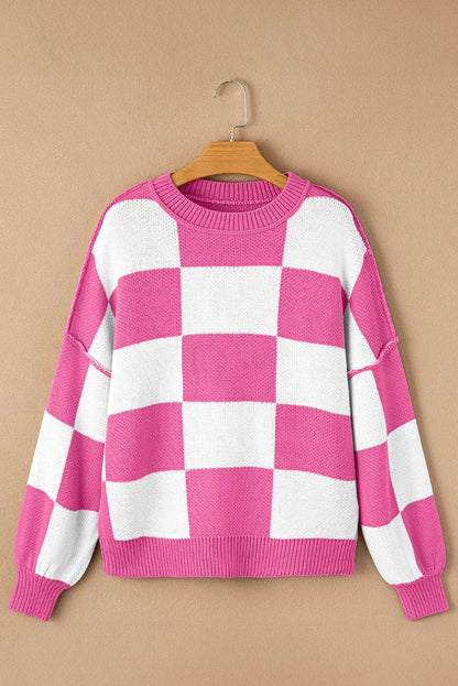 Dark Brown Plaid Bishop Sleeve Pullover Sweater
