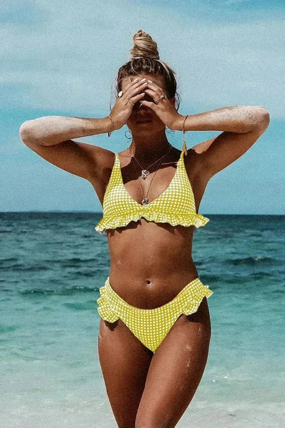 Yellow Plaid Ruffle Trim Triangle Bikini Set