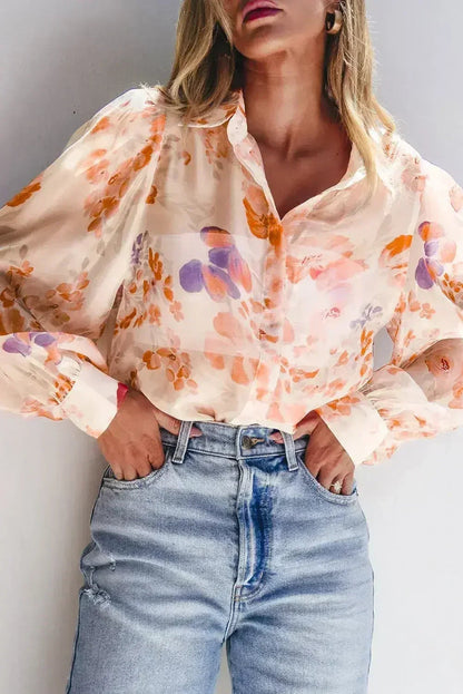 White Balloon Sleeve Floral Shirt - Loose Fit Blouse | Femstylo